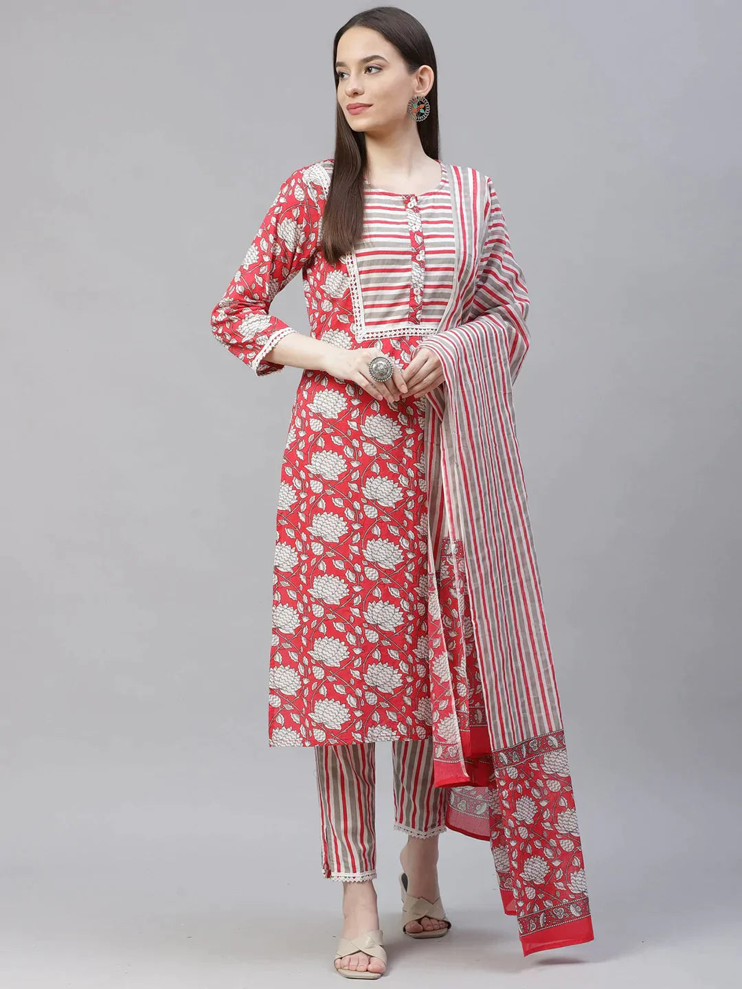 Women Red & Off-White Ethnic Motifs Printed Kurta With Trousers & Dupatta - Rasiya Trousers Summer Linen Women Red & Off-White Ethnic Motifs Printed Kurta With Trousers & Dupatta - Rasiya Trousers Summer Linen