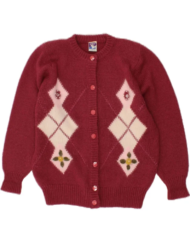 YESSICA Womens Cardigan Sweater Size 44/46 Large Burgundy Argyle/Diamond Print Jacquard Patchwork