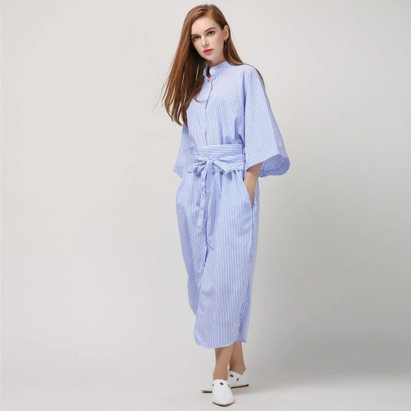Spring Striped Long Retro Vintage Bandage Dress Women Shirt Fashion Clothing Pink Blue Green 3 Colors