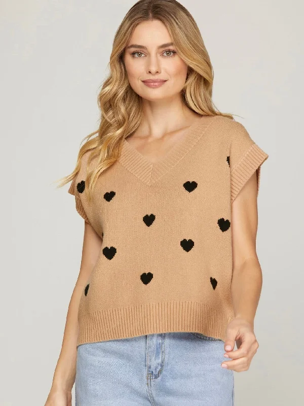 Heart Pattern Sweater Vest Mesh Fabric Canvas Fabric Denim Fabric