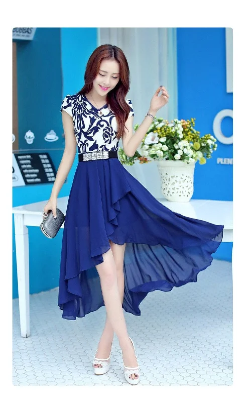 Women Porcelain Style Fashion Dress one piece Trendy Casual Summer Super Chiffon Dress Irregular