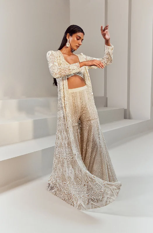 Asya Ivory Lehenga Set With Long Jacket And Heavy Chevron Sharara Nylon Fabric Polyester Fabric Spandex Fabric