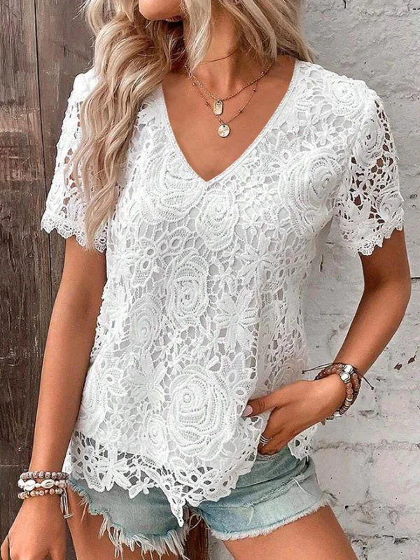 Summer new short-sleeved lace V-neck loose sweet pullover T-shirt Button Front Sweater Summer new short-sleeved lace V-neck loose sweet pullover T-shirt Button Front Sweater