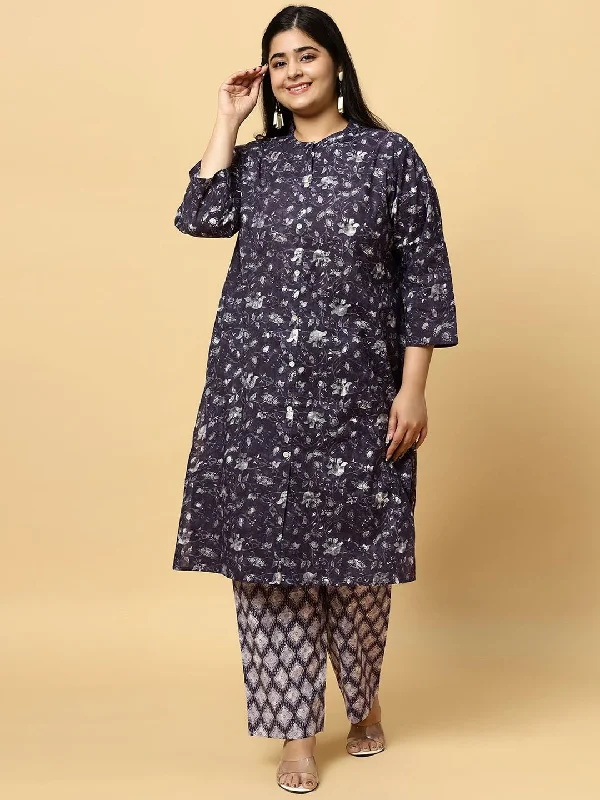 Sztori Plus Size Floral Printed Pure Cotton Straight Kurta with Trousers Trousers Spring Floral