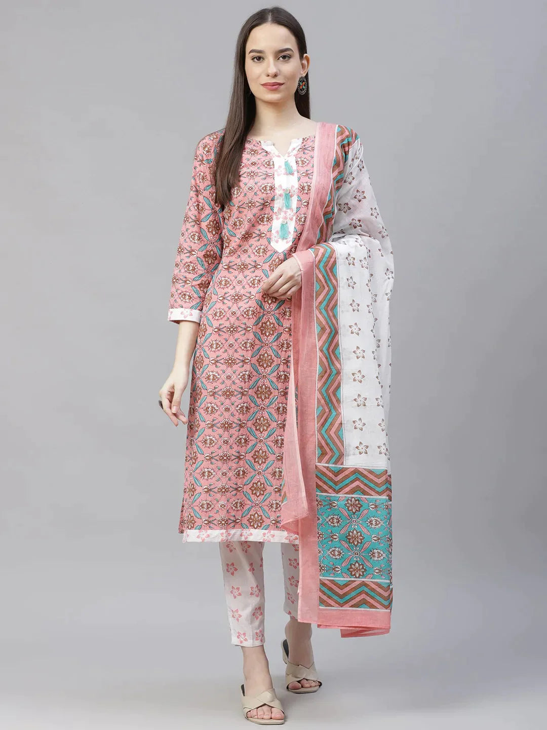 Women Pink & White Ethnic Motifs Printed Pure Cotton Kurta With Trousers & Dupatta - Rasiya Trousers Occasion Special Women Pink & White Ethnic Motifs Printed Pure Cotton Kurta With Trousers & Dupatta - Rasiya Trousers Occasion Special