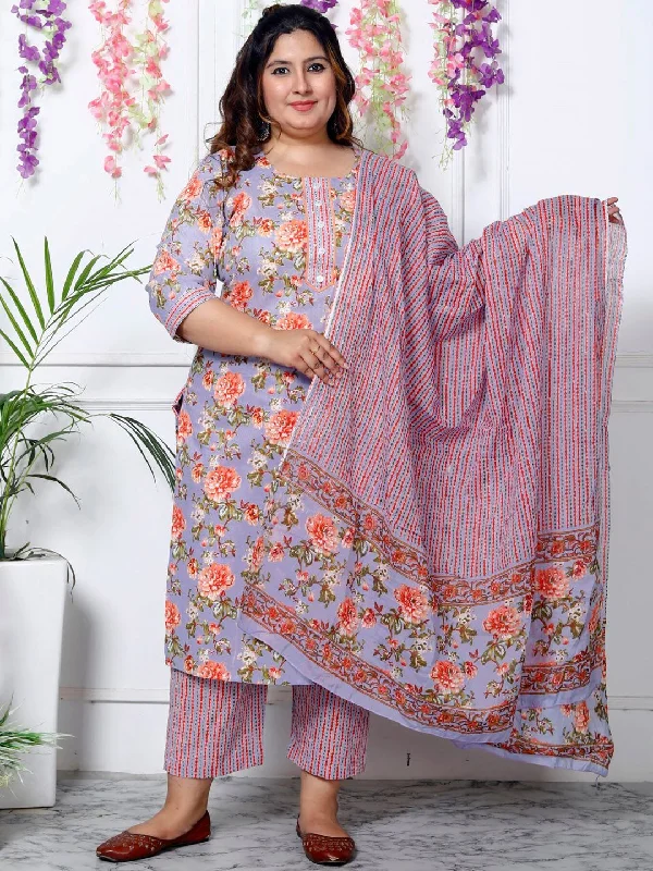 Swasti Plus Size Floral Printed Sequinned Pure Cotton Kurta With Trouser & Dupatta Trousers practical easy-care