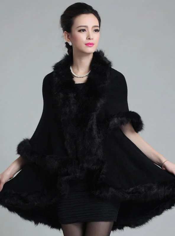 KNITTED DOUBLE CARDIGAN FAUX FOX FUR SHAWL CAPE Toggled Drawstring Belted