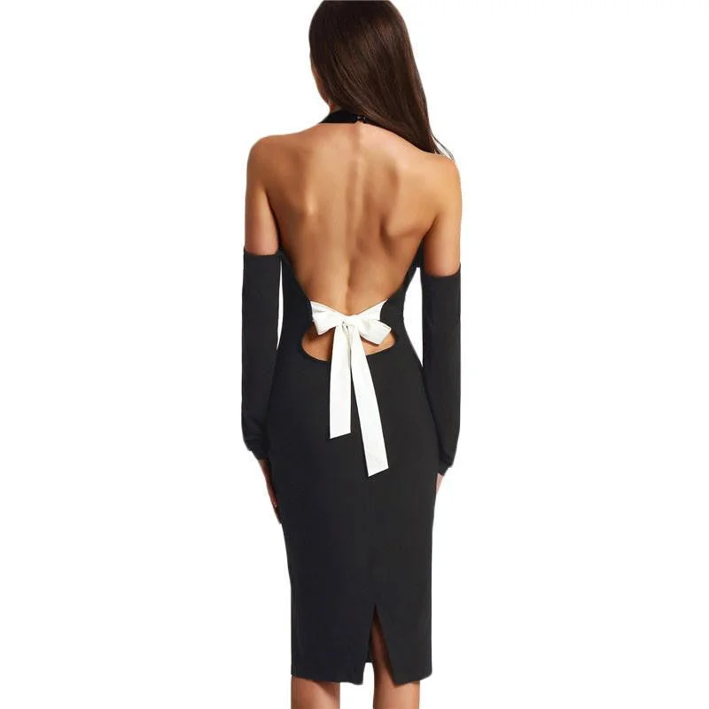 Summer Black Off The Shoulder Bow Open Back Long Sleeve Patchwork Bow Halter Long Sleeve Pencil Dress
