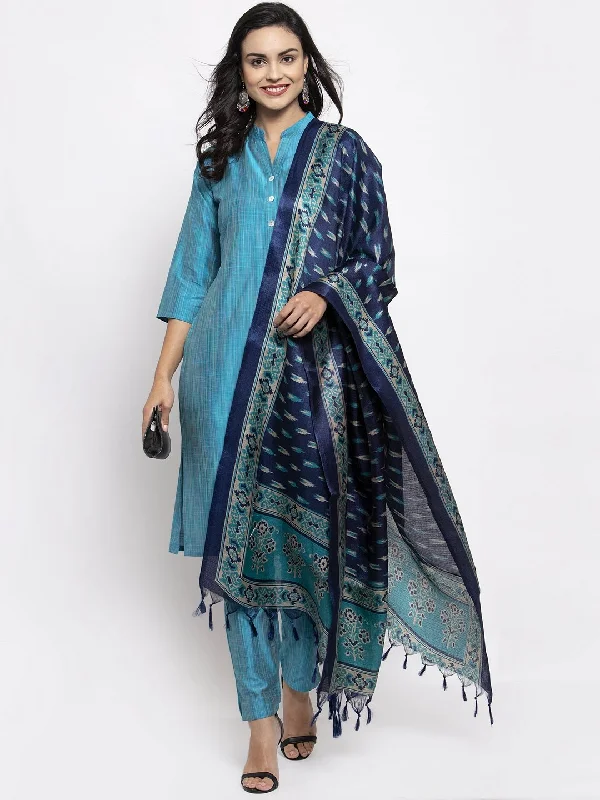 Women's Blue & Green Self Striped Kurta with Trousers & Printed Art Silk Dupatta - Jompers Trousers Yoga Stretchy Women's Blue & Green Self Striped Kurta with Trousers & Printed Art Silk Dupatta - Jompers Trousers Yoga Stretchy