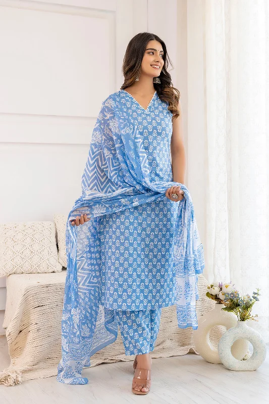 Women Aqua Blue Printed Straight Kurta With Trouser And Dupatta - Rasiya Trousers Polka Dot Cute Women Aqua Blue Printed Straight Kurta With Trouser And Dupatta - Rasiya Trousers Polka Dot Cute