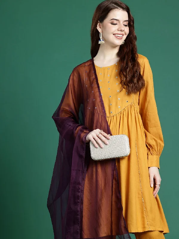 Sangria Mirror Work Embroidered Regular Gotta Patti A-Line Kurta With Trousers & Dupatta Trousers luxurious high-end