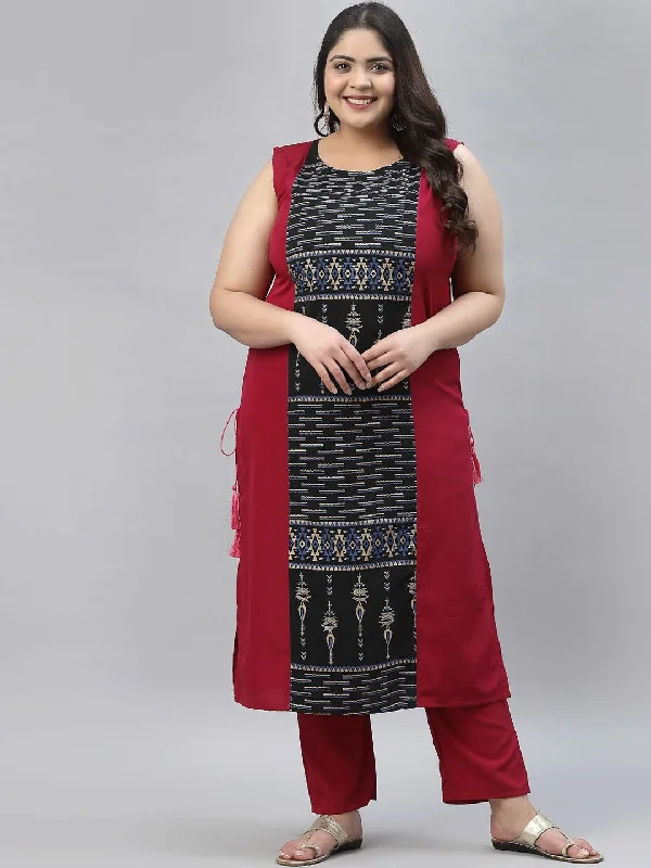 Sztori Plus Size Tribal Printed Regular Straight Kurta With Trousers Trousers Office Stylish