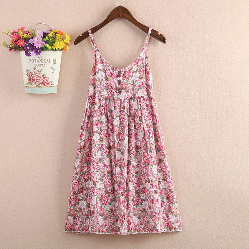 Bottom Cotton Dress O-Neck Sleeveless Print Mini Vestidos Women Beach Bohemian Spaghetti Strap Mori Girl Dresses