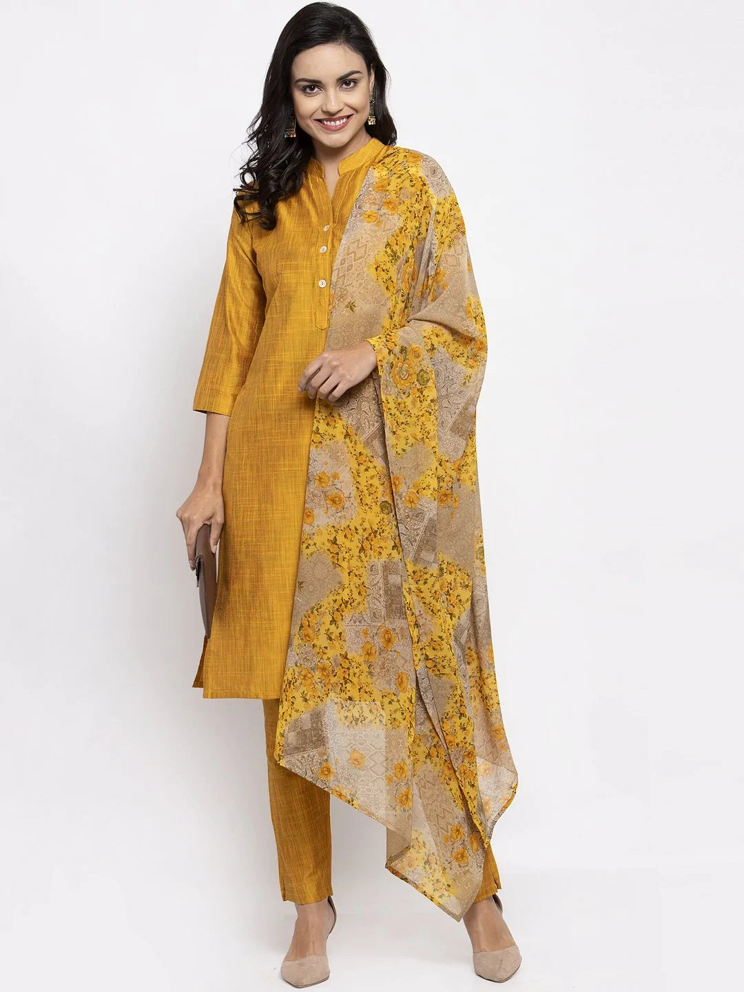 Women Yellow Self-Striped Kurta With Trousers & Floral Gorgette Dupatta - Rasiya Trousers trendy modern Women Yellow Self-Striped Kurta With Trousers & Floral Gorgette Dupatta - Rasiya Trousers trendy modern