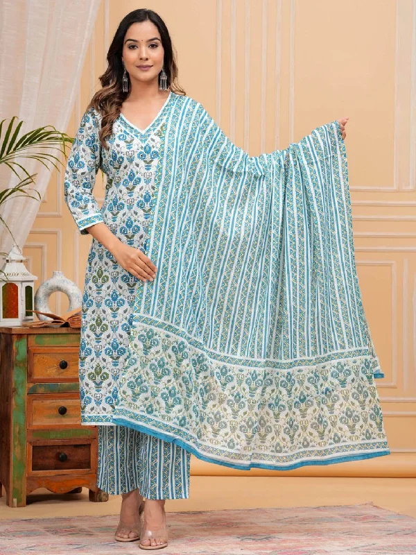 Floral Printed Regular Pure Cotton Straight Kurta with Trousers & With Dupatta (Turquoise) - Rasiya Trousers Vintage Classic Floral Printed Regular Pure Cotton Straight Kurta with Trousers & With Dupatta (Turquoise) - Rasiya Trousers Vintage Classic
