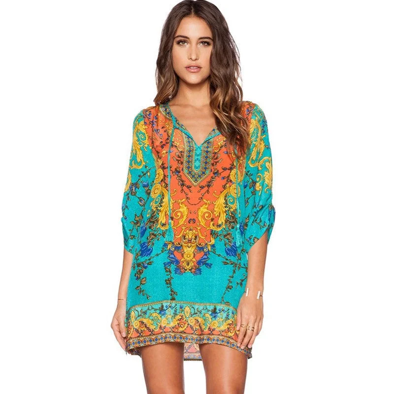 Fashion Vintage Women Dress Floral Print V-Neck Half Sleeve Chiffon Loose Mini Summer Dresses Vestidos