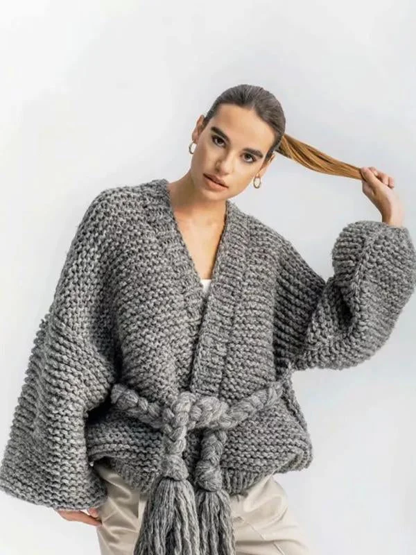 Modern Knitting Bandage Long Sleeves Cardigan Tops Seamless Knitted Crochet