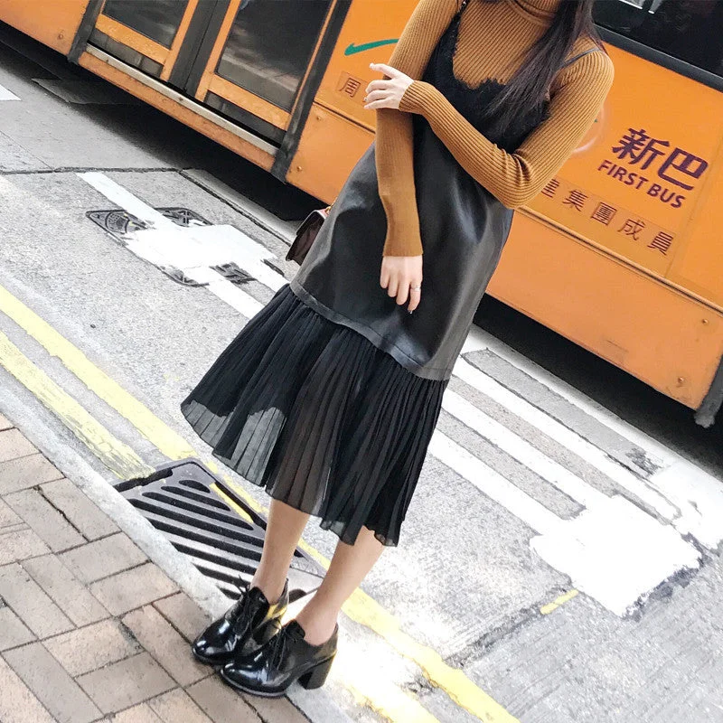 Autumn PU Leather Splicing Chiffon Pleated V Collar With Lace Straps Dress Women Casual Clothing