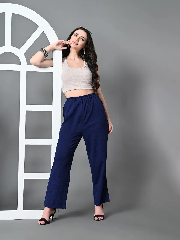 Myshka Women's Solid Ribbed High-Rise Wide Leg Casual Trousers in Navy Blue Color Trousers Sale Discount Myshka Women's Solid Ribbed High-Rise Wide Leg Casual Trousers in Navy Blue Color Trousers Sale Discount