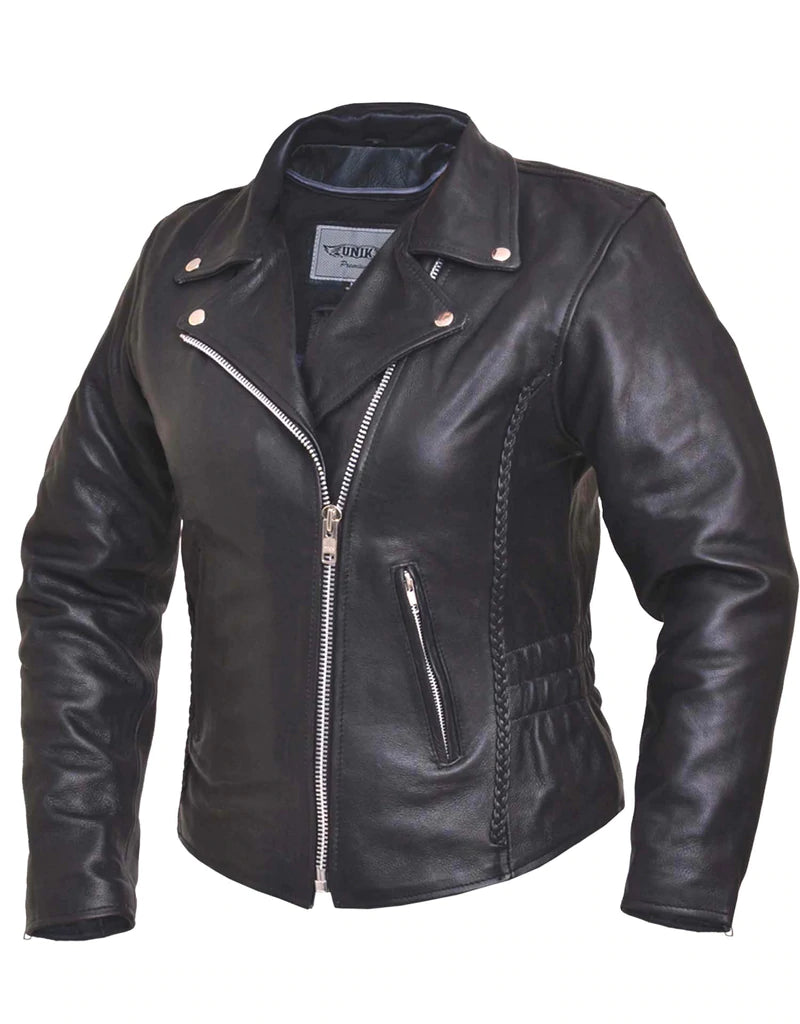 Ladies Braided Leather Motorcycle Jacket A-Line Jacket Boat Neck Shawl Collar