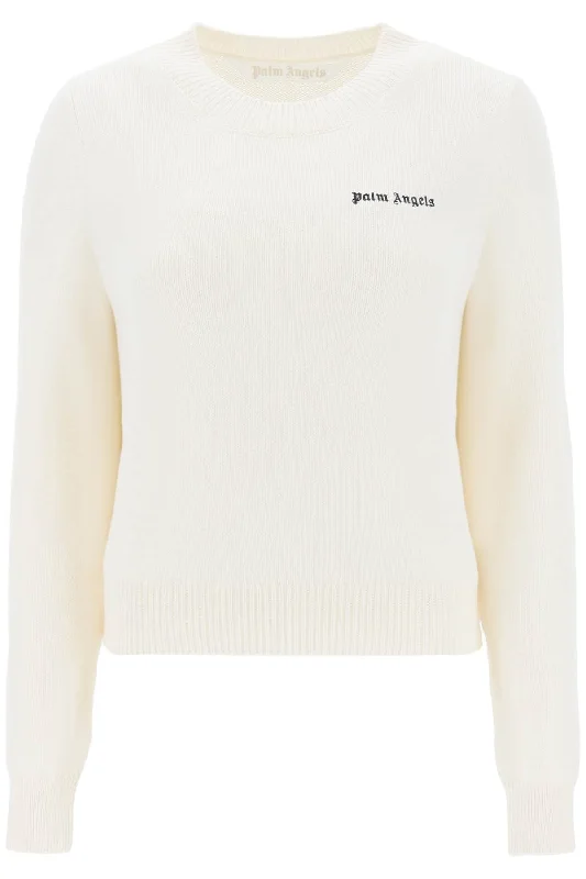 Cropped Sweater With Logo Embroidery  - Bianco Fleece Fabric Down Fabric Feather Fabric