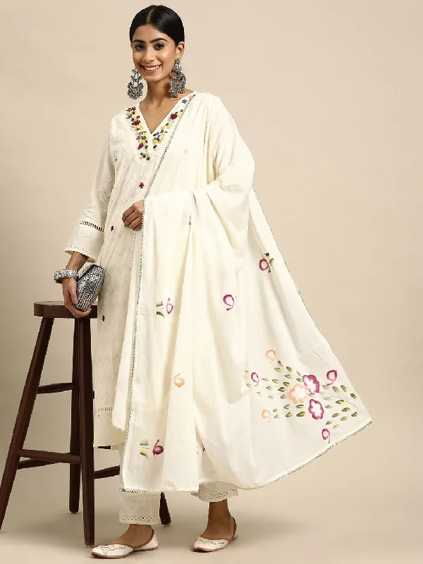 Sangria Women Embroidered Thread Work Pure Cotton Kurta with Trousers & With Dupatta Trousers Timeless Classic