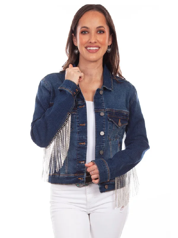 Scully HC792-DEN Womens Rhinestone  Fringe Denim Western Jacket Blue Knit Jacket Woven Jacket Fleece Jacket