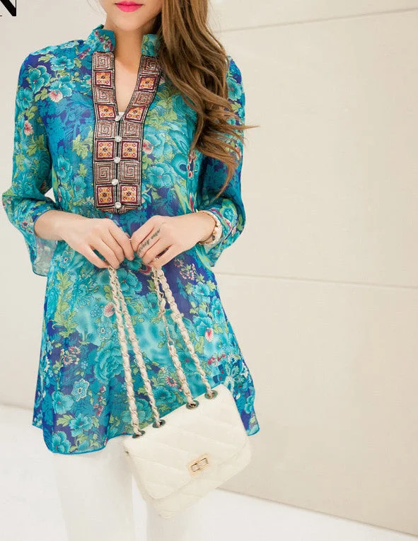 floral V-neck Women Chiffon Embroidery Print Casual Indian Dress Red / Blue plus size M-4XL Bohemian Dress floral V-neck Women Chiffon Embroidery Print Casual Indian Dress Red / Blue plus size M-4XL Bohemian Dress
