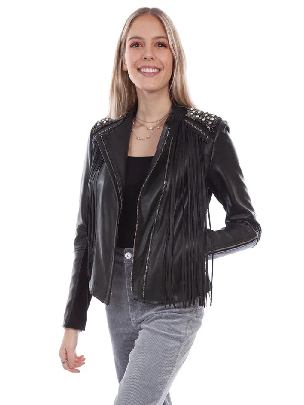 Scully L1064-11 Womens Suede Fringe & Studded Leather Jacket Black Satin Jacket Silk Jacket Chiffon Jacket