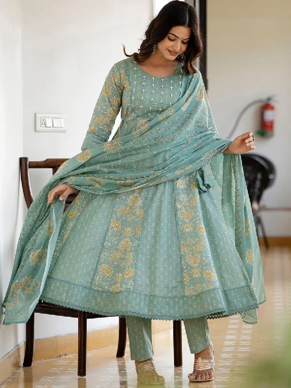 Anouk Green Floral Printed Panelled Pure Cotton Anarkali Kurta With Trousers & Dupatta Trousers Ceremony Elegant