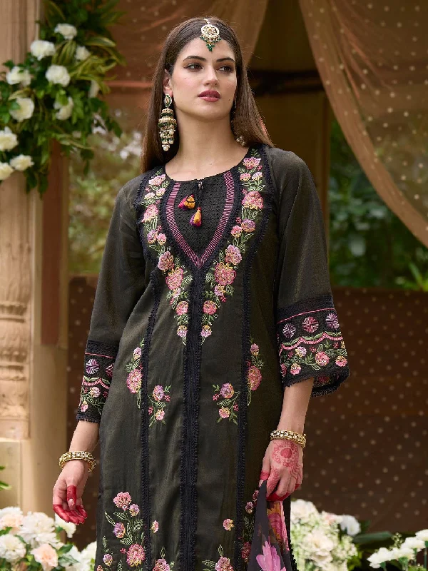 Indo Era Women Floral Embroidered Panelled Thread Work Kurta with Trousers & With Dupatta Trousers Winter Warm