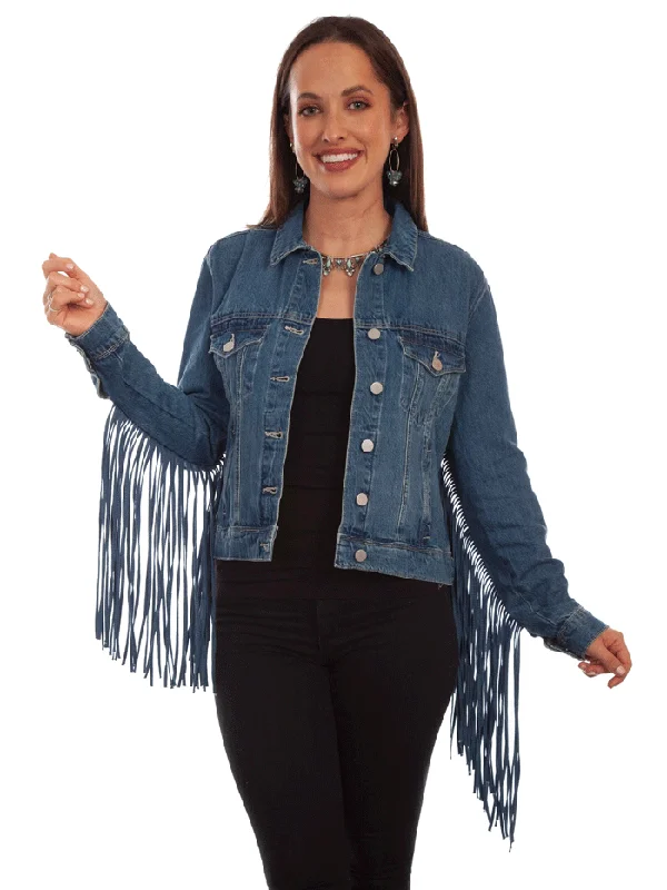 Scully HC711-DEN Womens Fringe Denim Western Jacket Blue Faux Fur Jacket Real Fur Jacket Shearling Jacket