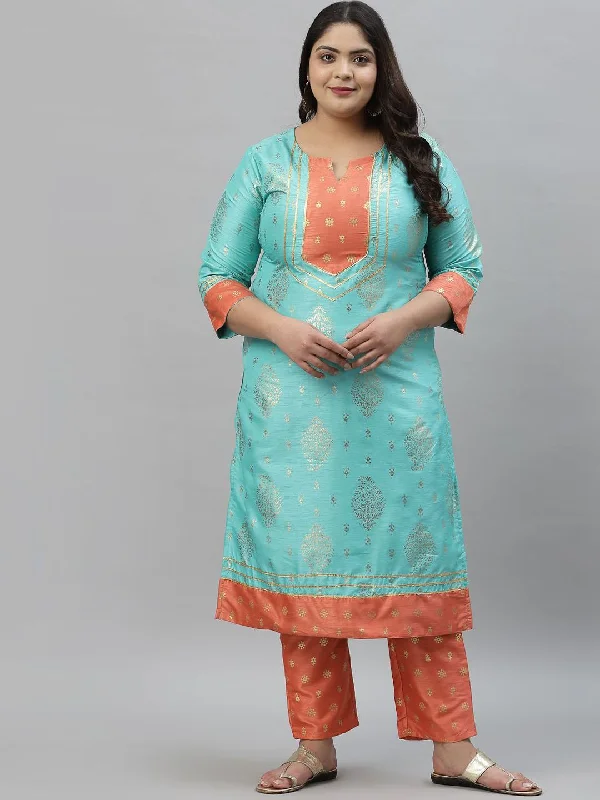 Sztori Plus Size Floral Foil Printed Gotta Patti Straight Kurta With Trouser Trousers Polka Dot Cute