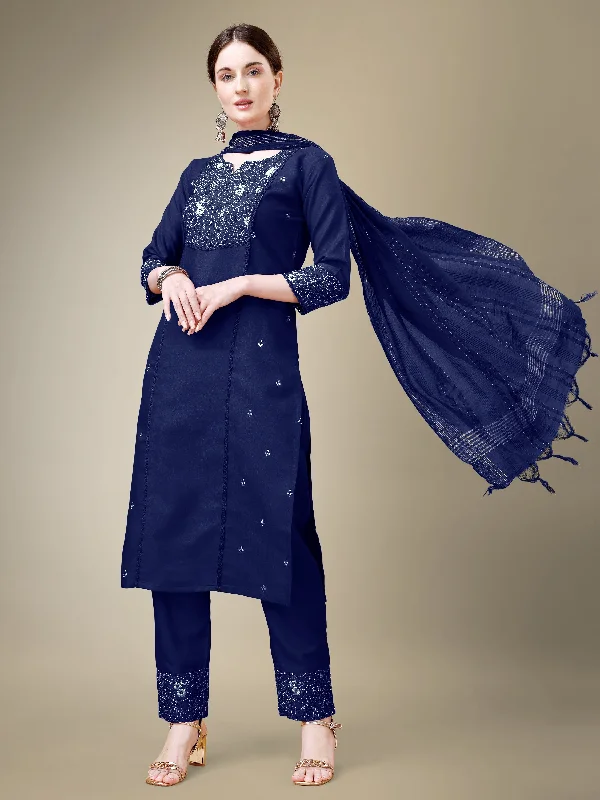 Women's Navy Blue Cotton Blend Embroidery & Fancy Lace Work Kurta With Trouser & Dupatta - Jyoti Fashion Trousers Essential Wardrobe Women's Navy Blue Cotton Blend Embroidery & Fancy Lace Work Kurta With Trouser & Dupatta - Jyoti Fashion Trousers Essential Wardrobe