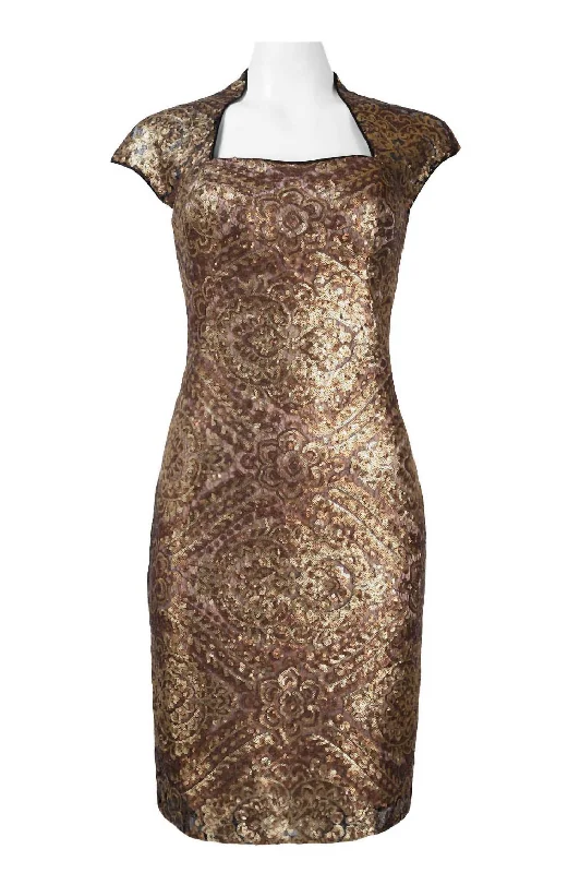 Queen Anne Neckline Sequin Ornament Dress In Copper