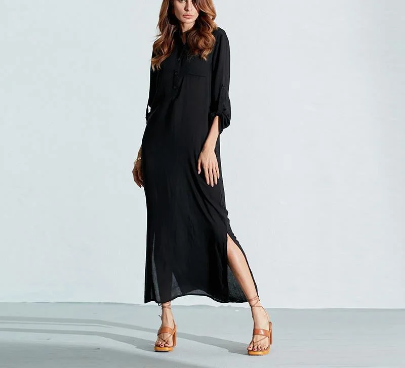 Vestidos Autumn Women Long Dress Elegant Ladies Full Sleeve Deep V Neck Long Line Split Solid Color Floor-length Dress