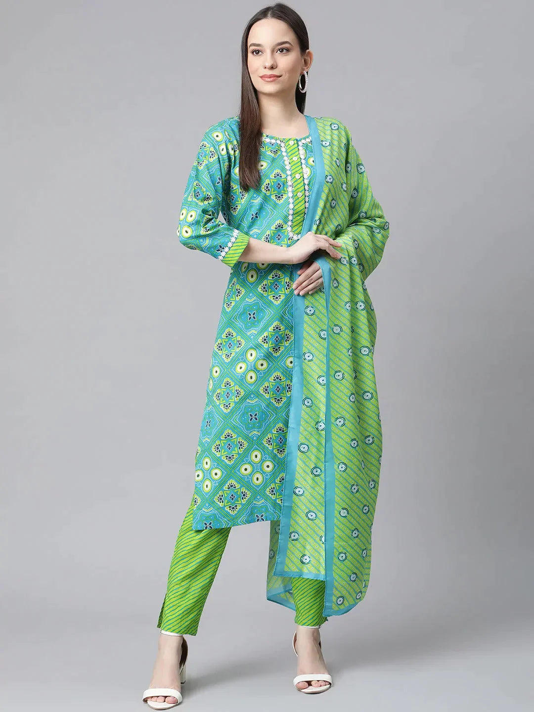 Women Blue & Green Ethnic Motifs Printed Pure Cotton Kurta With Trousers & Dupatta - Rasiya Trousers Custom Made Women Blue & Green Ethnic Motifs Printed Pure Cotton Kurta With Trousers & Dupatta - Rasiya Trousers Custom Made