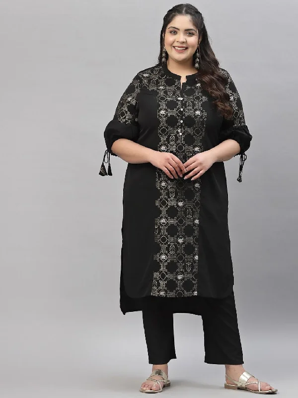 Sztori Printed Notch Neck Regular Kurta with Trousers Trousers Velvet Soft