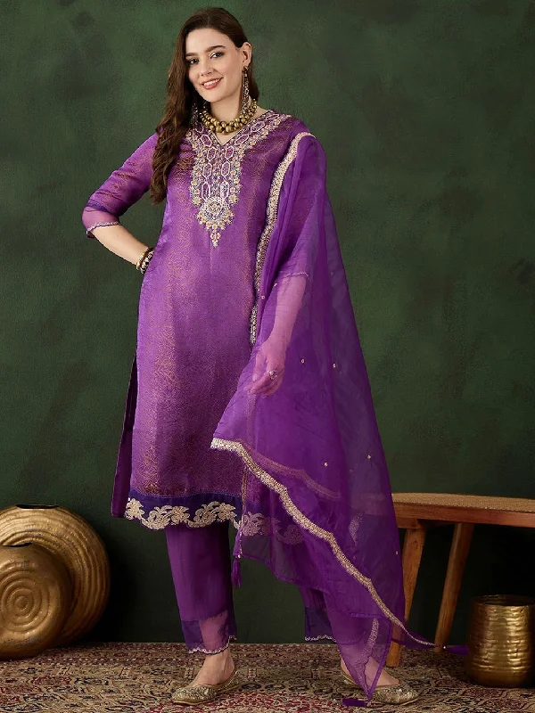 Sangria Embroidered Kurta & Trouser With Dupatta Trousers Striped Patterned