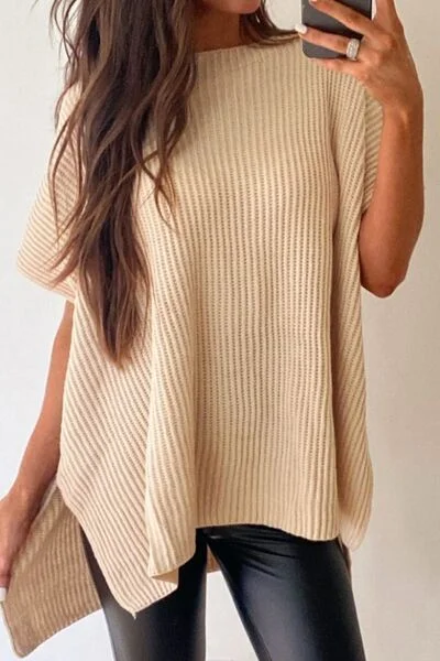 Hazel Blues® | Waffle-Knit Slit Short Sleeve Sweater Zippered Front Buttoned Front Snap Front Hazel Blues® | Waffle-Knit Slit Short Sleeve Sweater Zippered Front Buttoned Front Snap Front