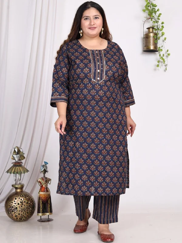 Swasti Plus Size Ethnic Motif Printed Gotta Patti Cotton Kurta With Trousers & Dupatta Trousers trendy modern