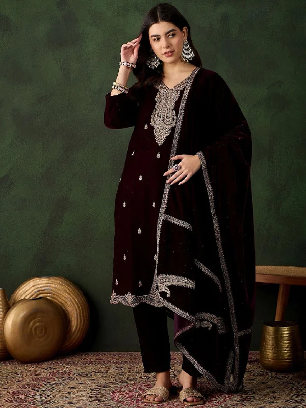 Sangria Floral Embroidered Straight Kurta & Trousers With Dupatta Trousers Hiking Durable