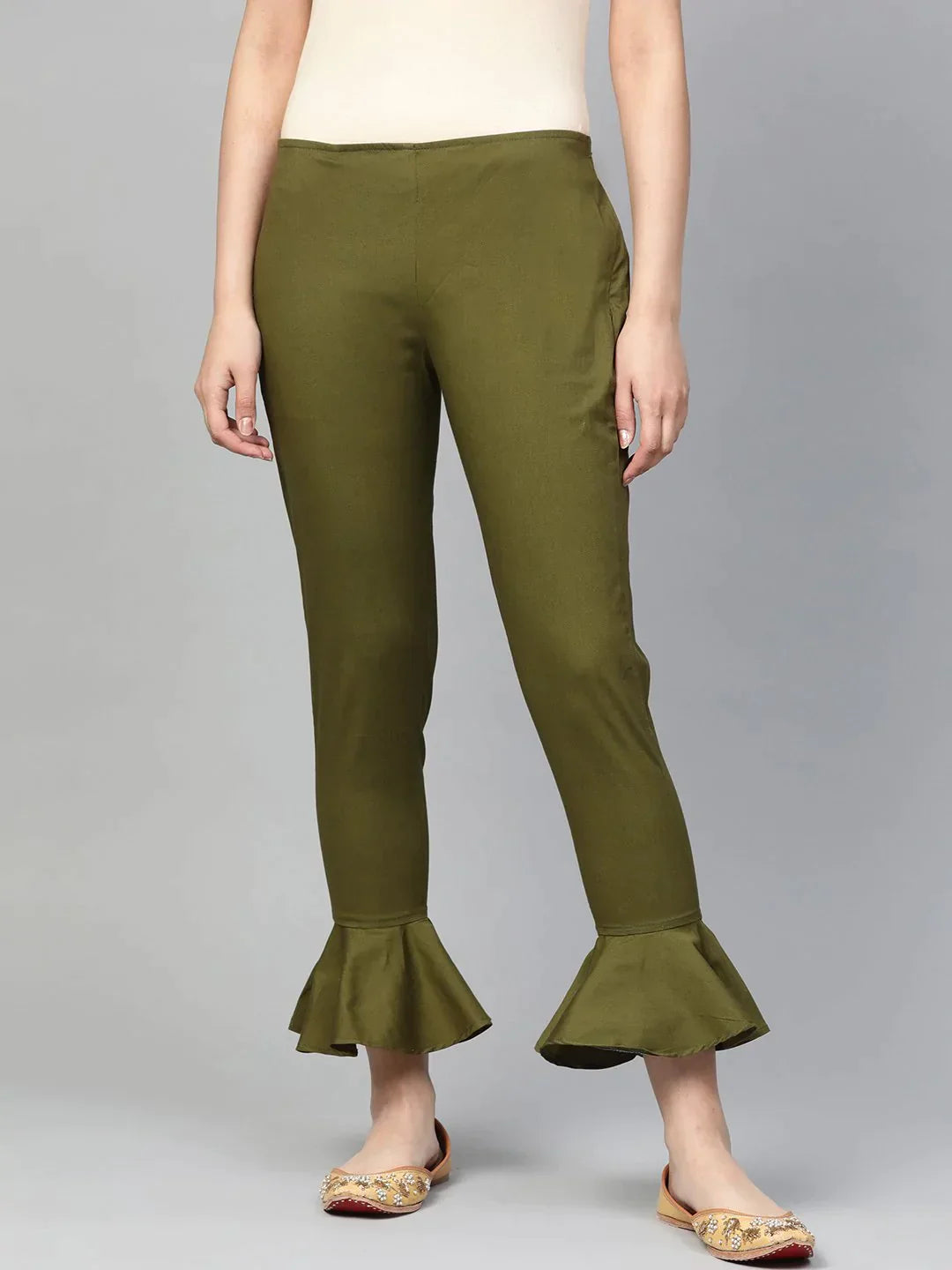 Women Olive Green Smart Fit Solid Bottom Flared Trousers - Rasiya Trousers Elastic Waist Soft Women Olive Green Smart Fit Solid Bottom Flared Trousers - Rasiya Trousers Elastic Waist Soft