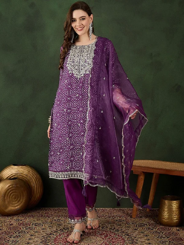 Sangria Bandhani Printed Straight Kurta, Trouser & Dupatta Set Trousers practical easy-care