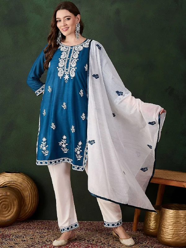 Sangria Teal Blue Paisley Embroidered Thread Work Straight Kurta & Trouser With Dupatta Trousers Trousers Formal