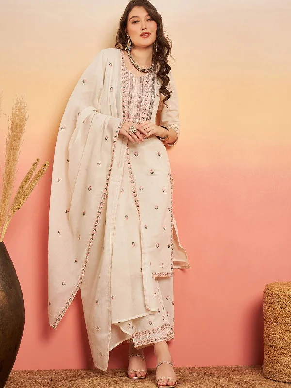 Sangria Embroidered Pure Cotton Regular Kurta & Trousers With Dupatta Trousers chic elegant