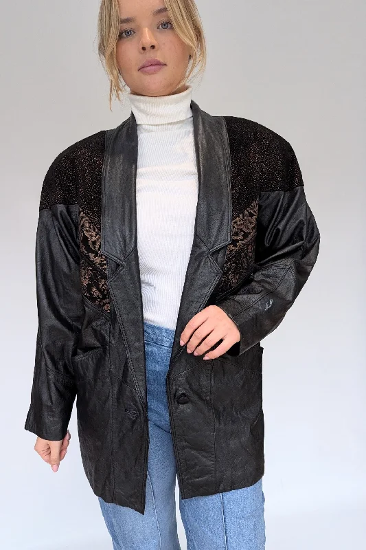 Vintage Black Leather Jacket with Bronze Suede Embellishment Insulated Jacket Fitted Jacket Loose Jacket Vintage Black Leather Jacket with Bronze Suede Embellishment Insulated Jacket Fitted Jacket Loose Jacket