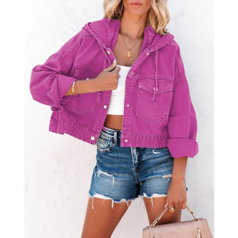 Casual Trend Women's Hooded Washed Denim Jacket, Multi Colours Knit Fabric Woven Fabric Fleece Fabric Casual Trend Women's Hooded Washed Denim Jacket, Multi Colours Knit Fabric Woven Fabric Fleece Fabric