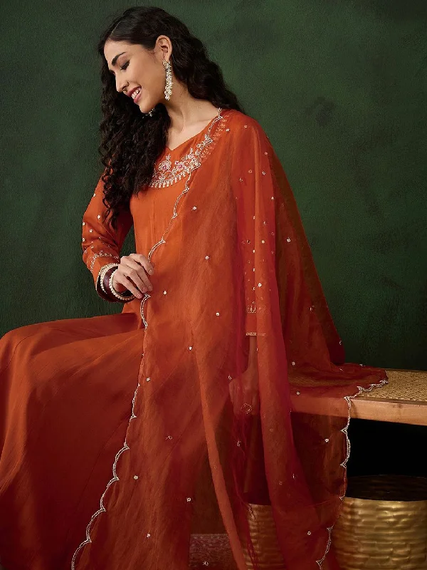 Sangria Embroidered A-Line Kurta & Trousers With Dupatta Trousers Gym Athletic