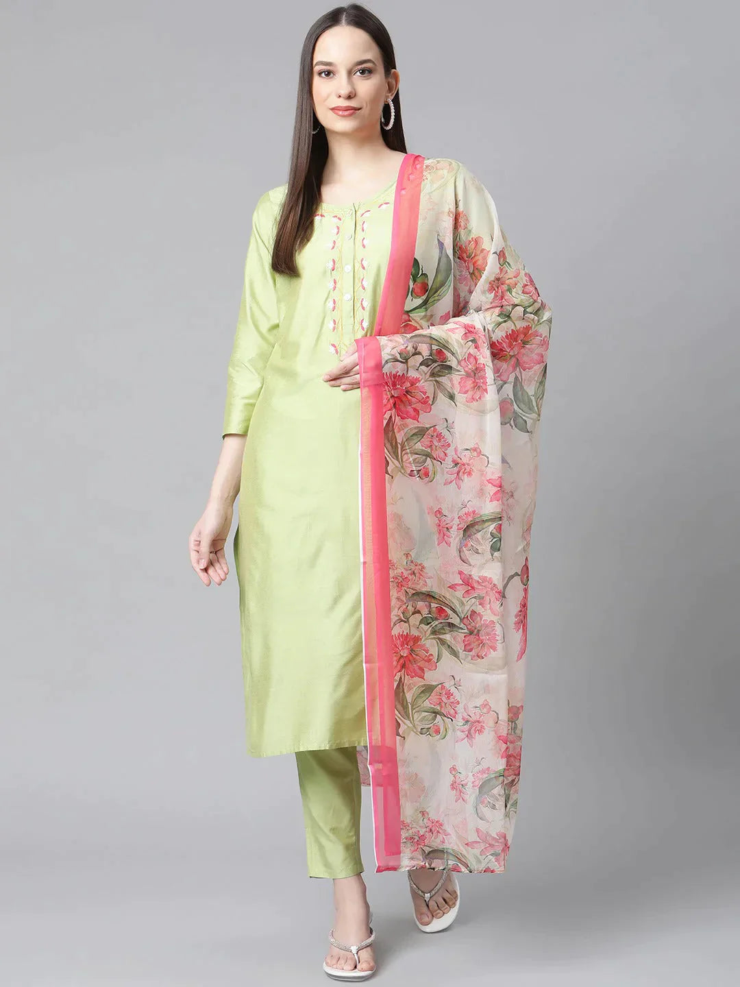 Women Green Embroidered Regular Kurta With Trousers & With Dupatta - Rasiya Trousers Fall Fleece Women Green Embroidered Regular Kurta With Trousers & With Dupatta - Rasiya Trousers Fall Fleece